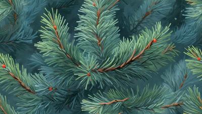 The primary subject of the image is a pine tree with green leaves and red berries. The tree is surrounded by a dark blue background, which adds a sense of depth and contrast to the scene. The visual style of the image is a painting, which gives it a more artistic and detailed appearance. The colors and mood of the painting are predominantly green and blue, with the red berries adding a pop of color and a sense of life to the tree.